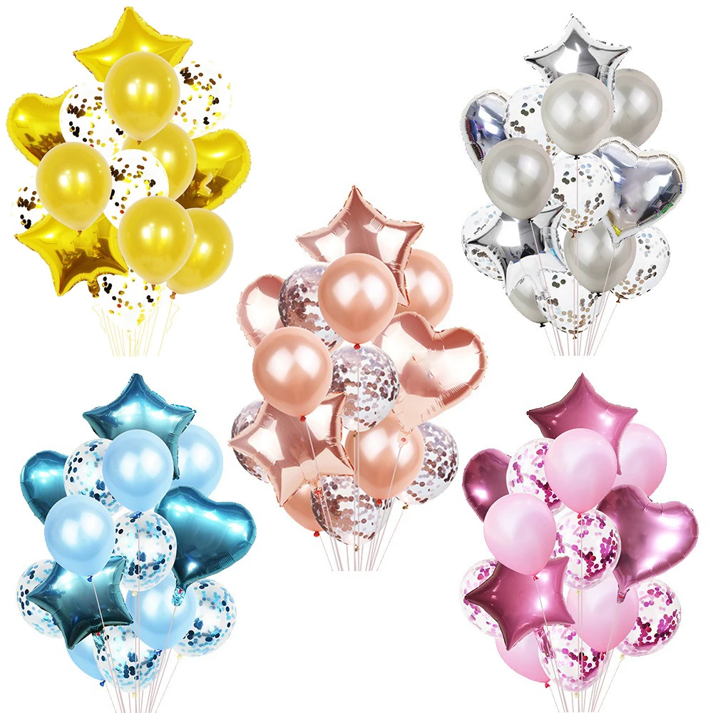 Romantic Balloon 14 PCS Stars Love Aluminum Foil Balloons & Latex Balloons With Glitter Perfect For Wedding Party Birthday