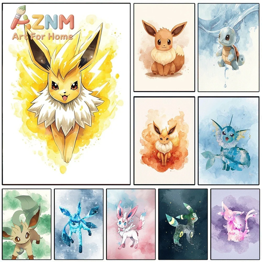 Watercolor Pokemon Jolteon Canvas Painting Unframed Anime Eevee Evolution Wall Art Poster for Living Room Bedroom Home Decor
