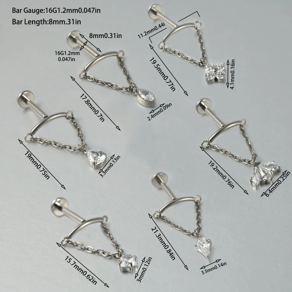 1PC ASTM F136 G23 Titanium Studs Earring Internal Thread Lip Stud CZ Flower Pendant Chain Helix Tragus Labret Piercing Jewelry