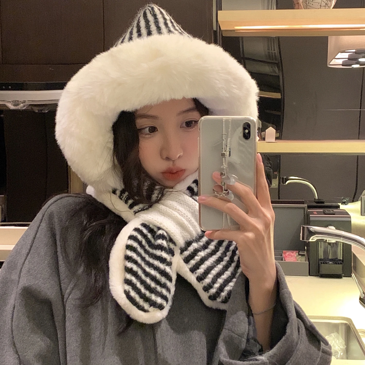 Bib Hat One Striped Hooded Scarf Plus Velvet Thickened Warm Everything Plush Ear Protection Lei Feng Hat Female Two-piece Set