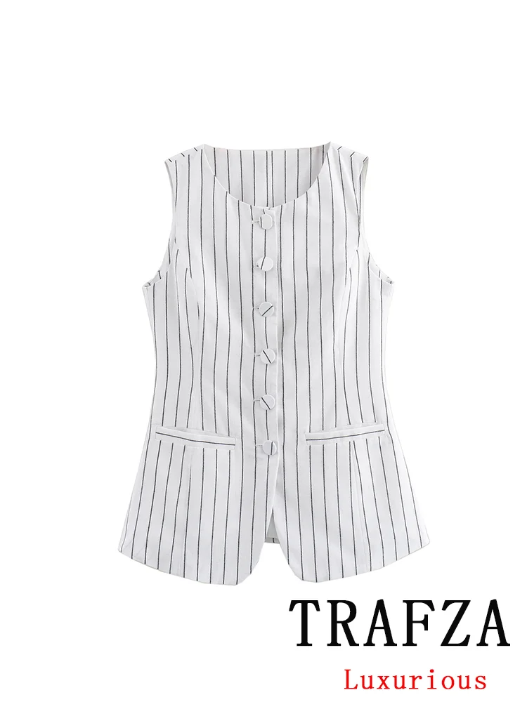 TRAFZA Vintage Casual Chic Women Tops Striped O-Neck Button Sleeveless Long Vest New Fashion 2024 Summer Holiday Turtleneck Tops