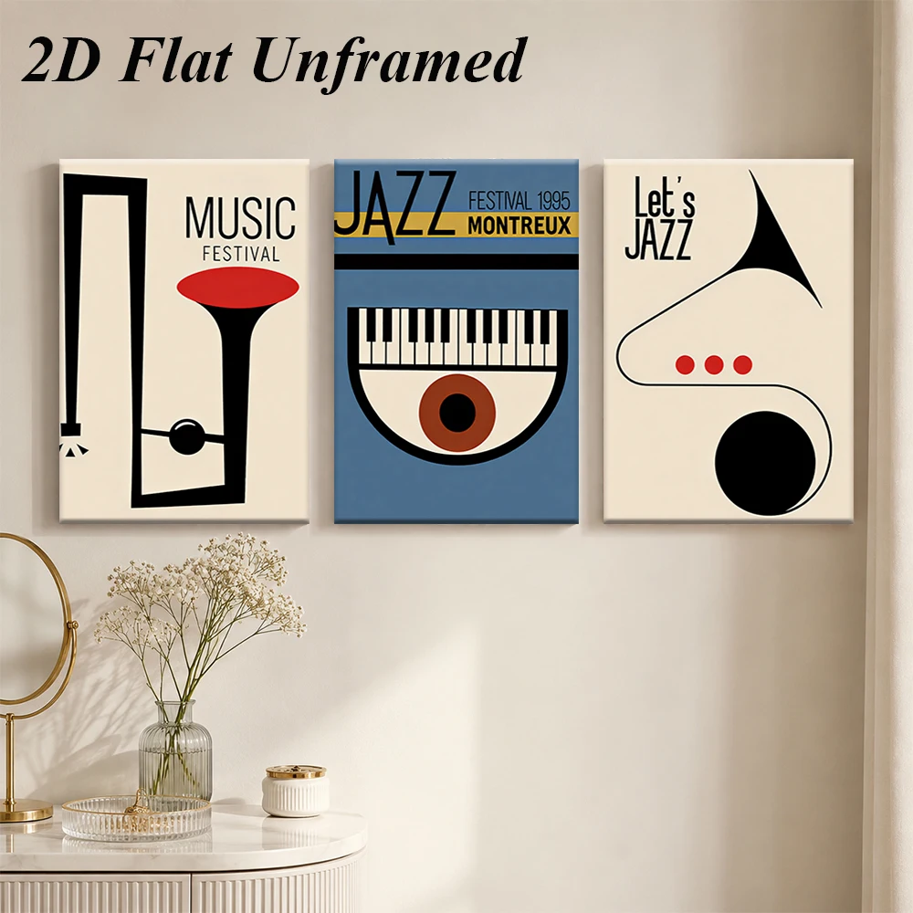 1 set of modern minimalist music decoration paintings, triptych frameless paintings, piano horn element decoration paintings, 2D
