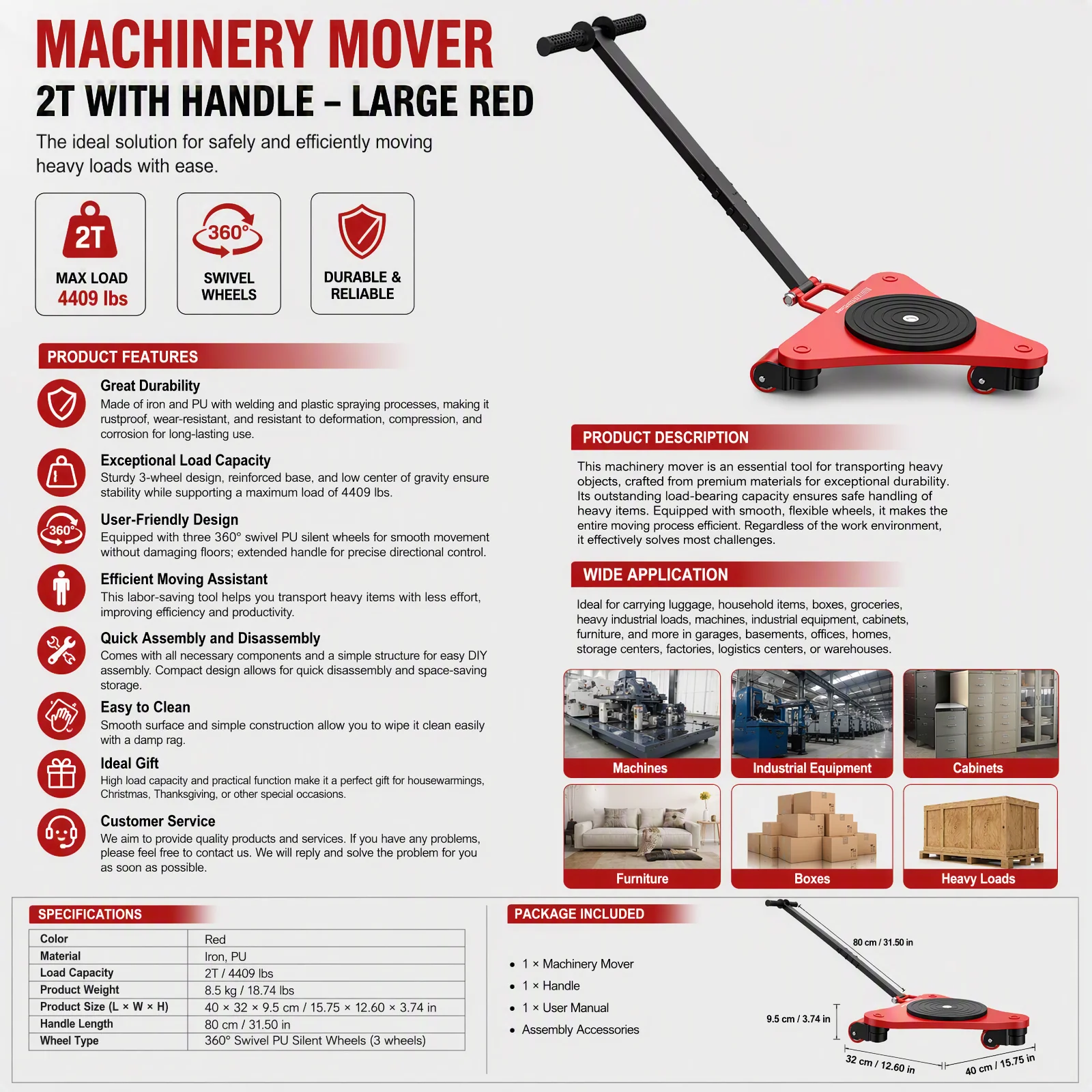 Heavy Duty Machinery Mover 2T/4409lbs Capacity, Industrial Machine Skate Dolly with 3 PU Rollers & 360° Swivel Turntable, Workshop Garage Equipment Mover, Red