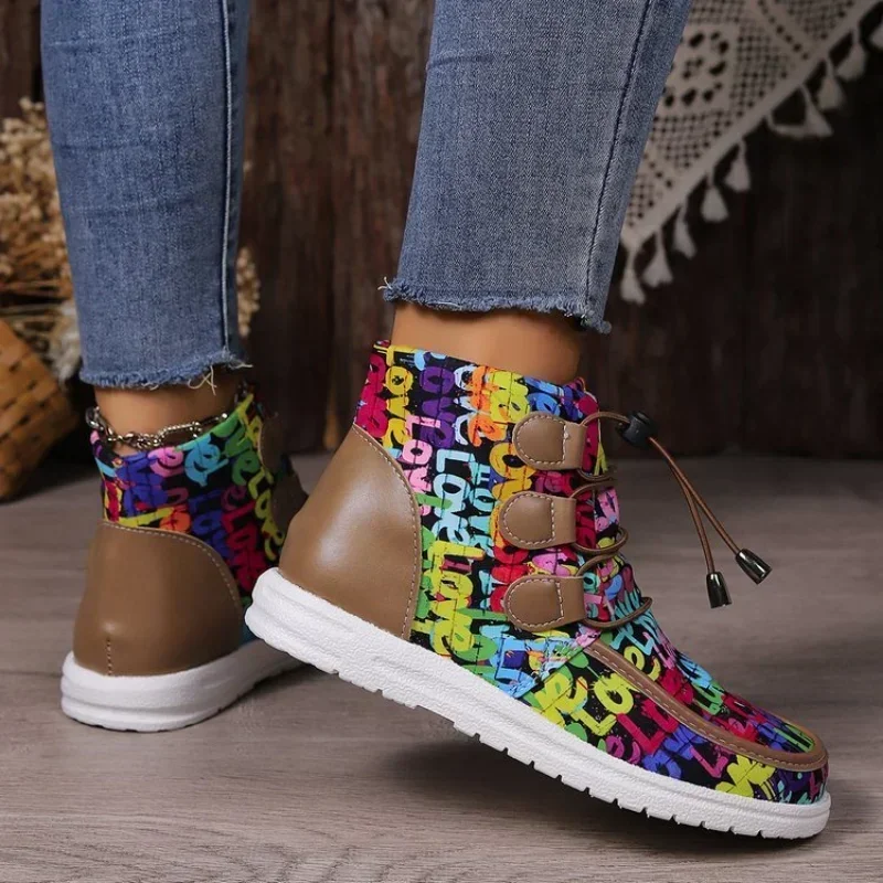 Women Print Platform Flats Ankle Boots Femme Casual Lace Up Chelsea Boots New Winter Design Fashion Walking Shoes Zapatos Mujer