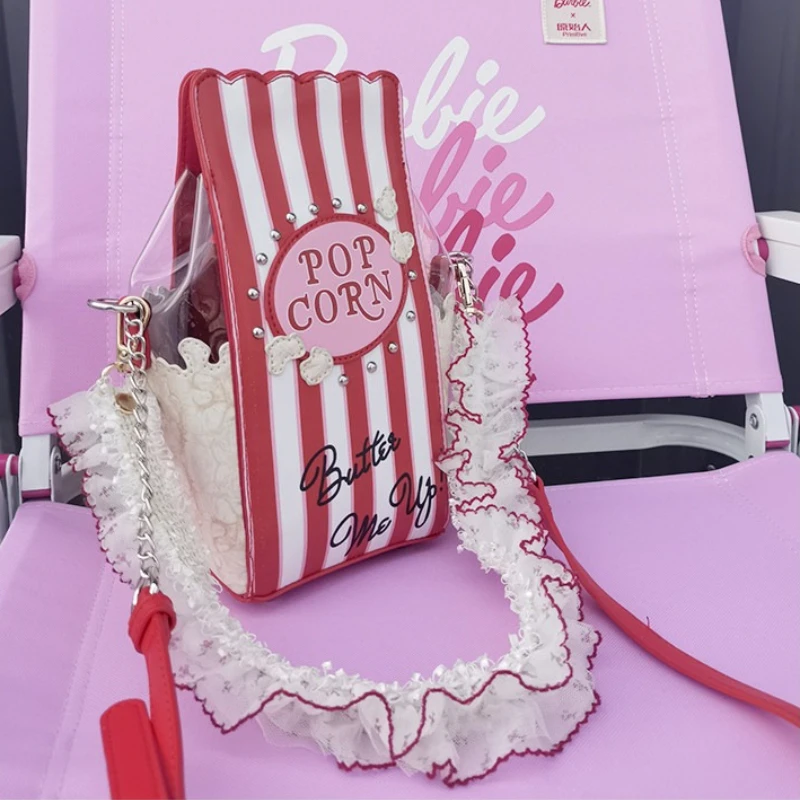 Cute Popcorn Shaped Transparent PVC Crossbody Bag for Women, 2026 New Lace Handle Chain Kawaii Novelty Unique Clear Tote Purse