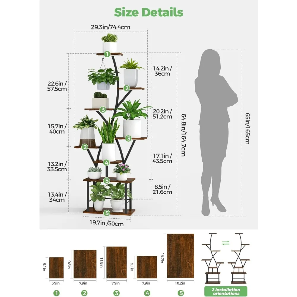 حامل نباتات داخلي طويل القامة 64 بوصة مع أضواء للنمو، رف على شكل حرف S من 8 طبقات لديكور المنزل والفناء #2