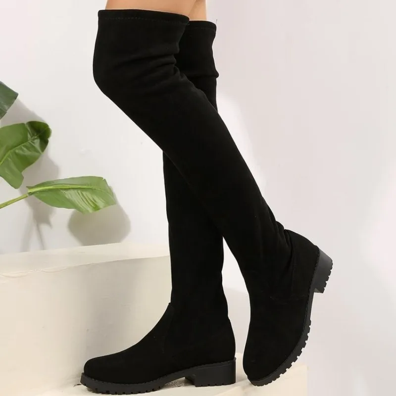 

Women Over The Knee Boots Thigh High Stretch Suede Like Texture Flat Low Heel Round Toe Autumn Winter Casual Slip on Footwear