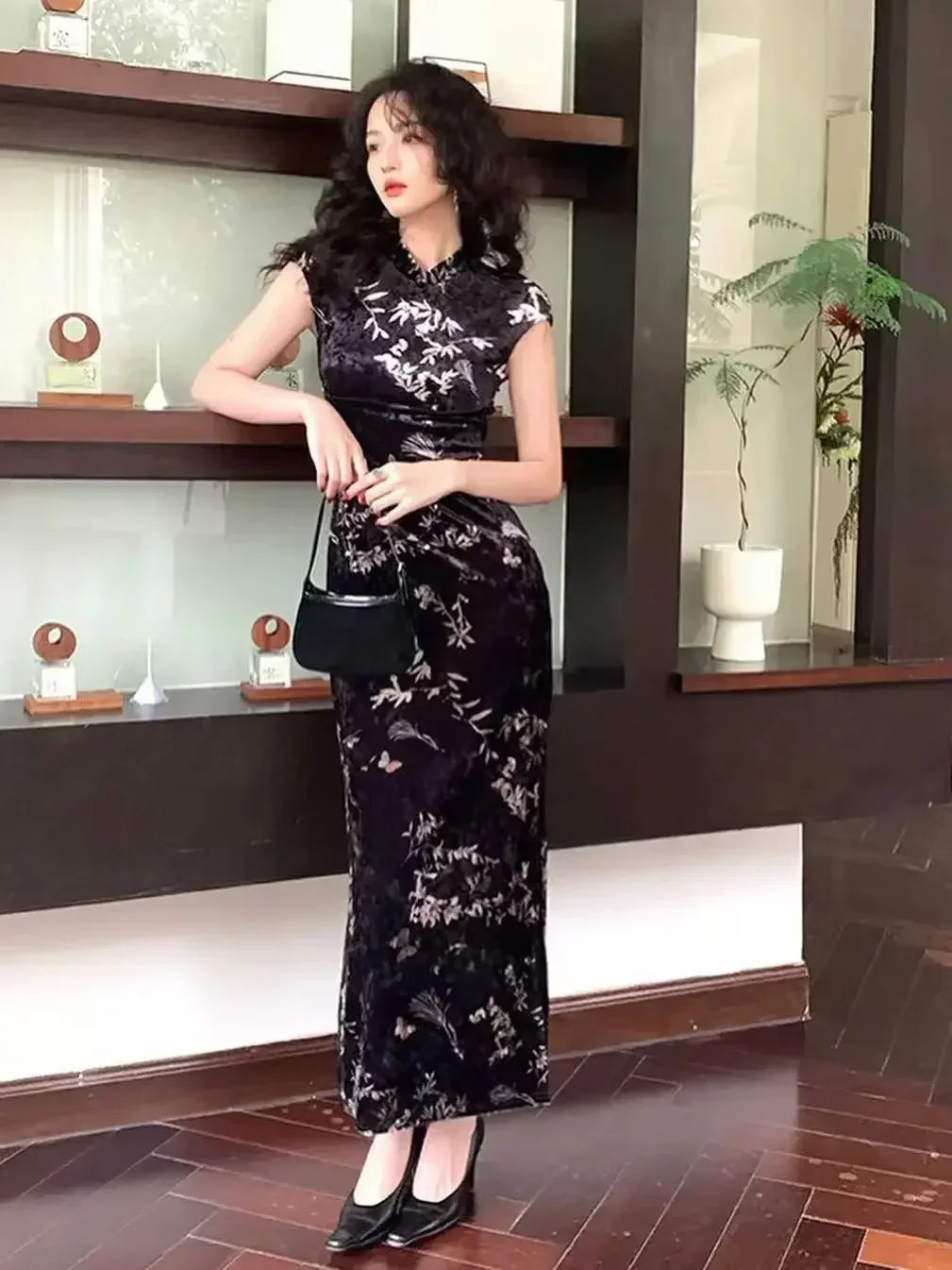 Korean Style Improved Fashion Black Qipao Dress Banquet Evening Dress Retro Cheongsam Women Slim Split Velvet Qi Pao Fashion