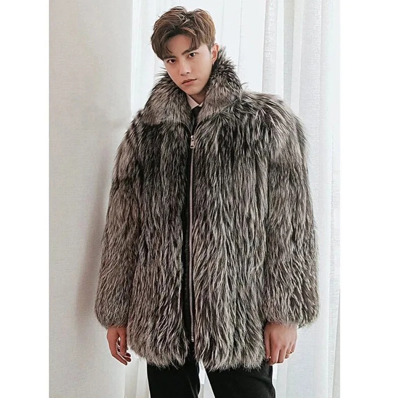 

Men Faux Fox Fur Jacket Windbreaker Fur Coats Zipper Cardigan Outerwear Spliced Turn Down Collar Casual Warm Long Sleeve