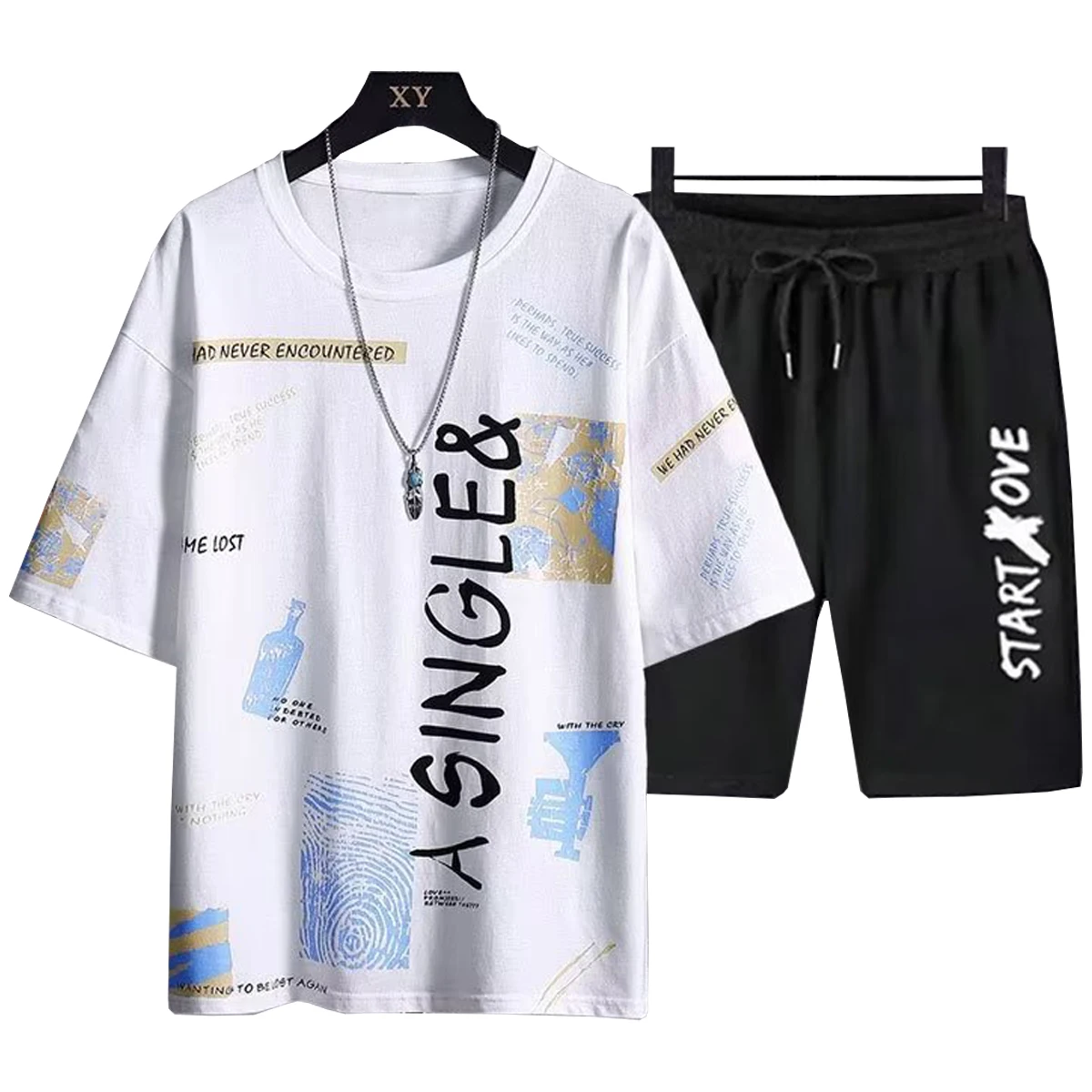 Men's Short Sleeved Shirt Casual Cropped Pants Letter Printed Pattern Spring Summer Sports Youth Student Couple Clothing