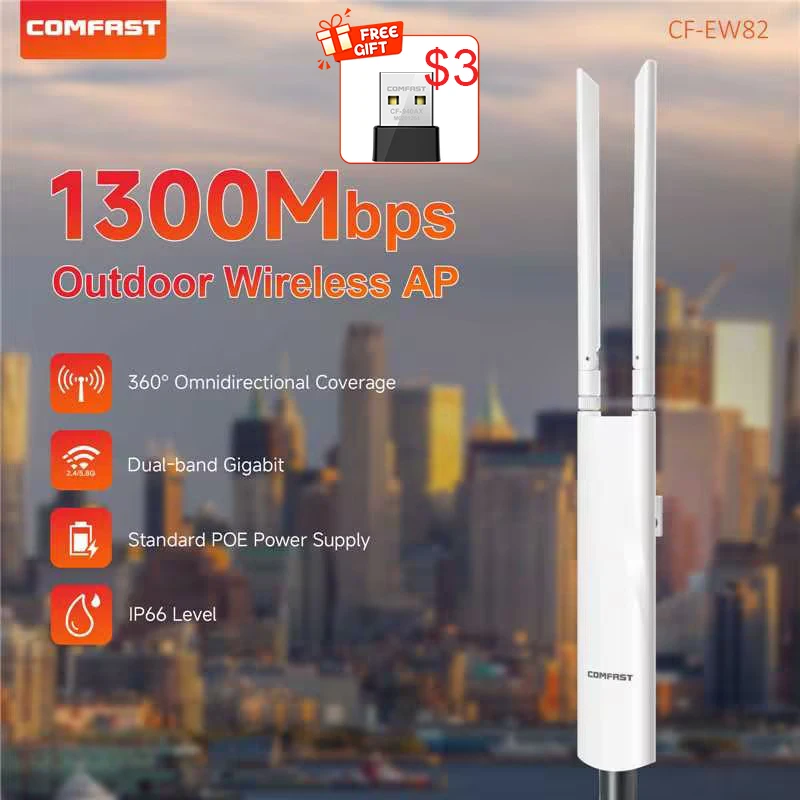 

Comfast 1300Mbps Outdoor Access Point 48V POE Power Wireless AP 2.4+5.8GHz WIFI Router 2*5dBi Antennas Wifi Extenders EU/US Plug