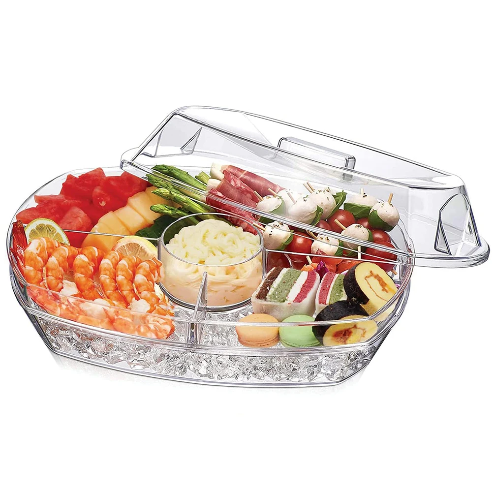 

Appetizer Ice Tray15 in Party Tray Refrigerated Food Bowl With Compartments And Lid For Shrimp Fruits Vegetables Salads Sushi