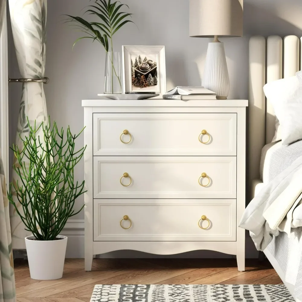 3-Drawer Dresser Chest Cabinet, Fully-Assembled Vintage French Country Nightstand with Bronze Metal Ring Handles, White Dressers