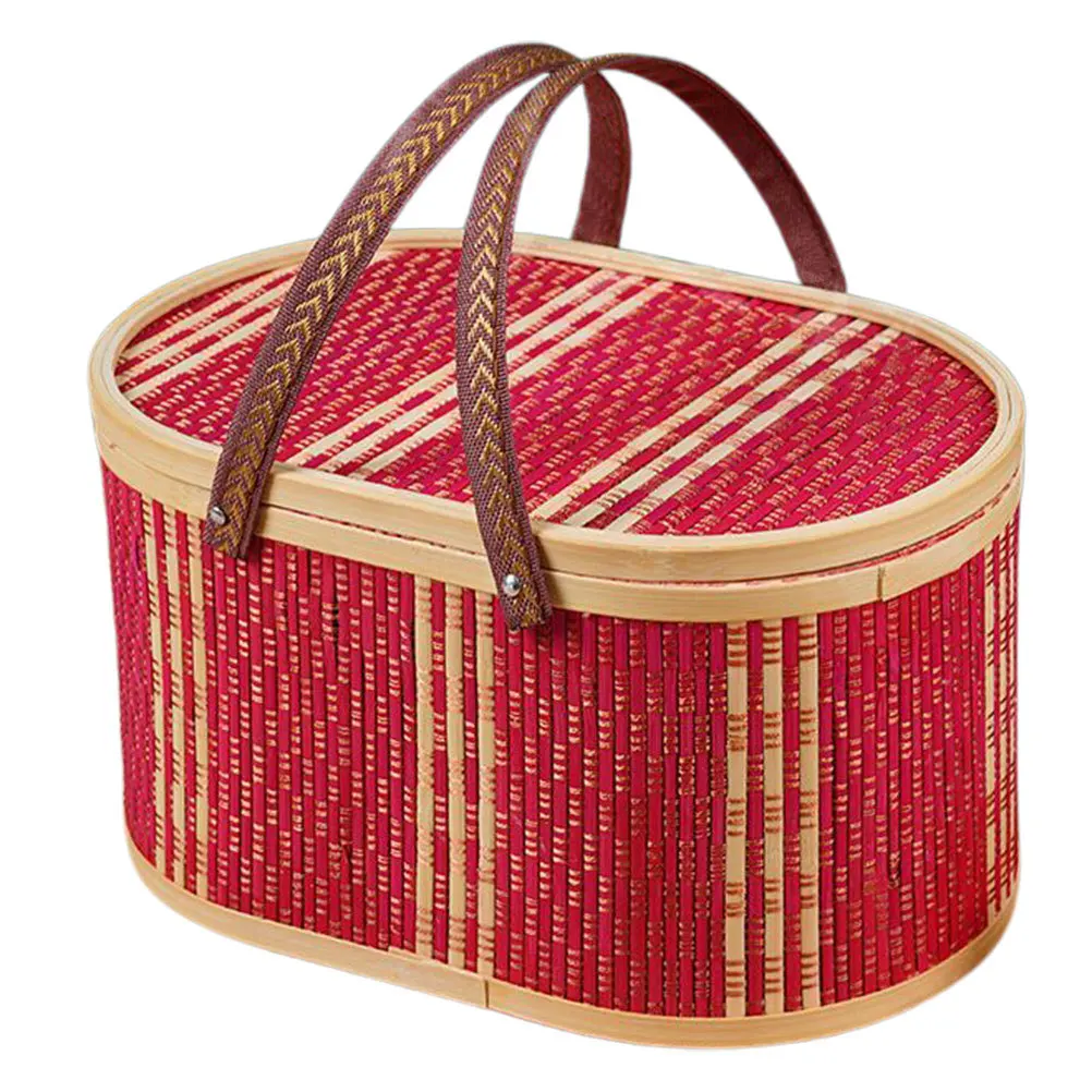 

Oval Hand-held Bamboo Basket Storage Containers Decorative Organizer Fruit Bins Toiletries Tray Handles Smooth Finish