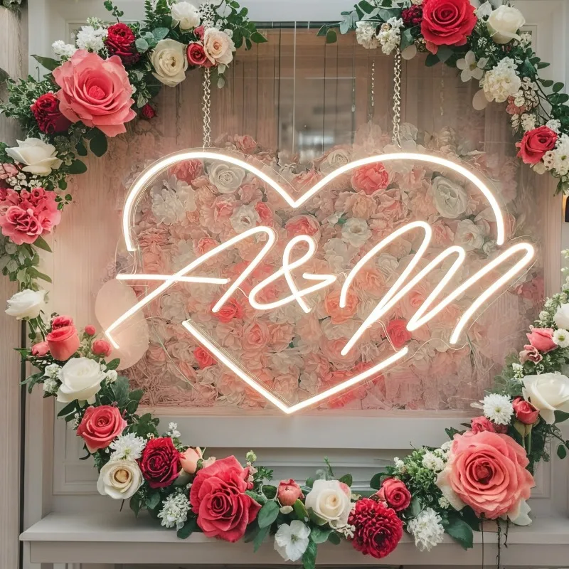Custom Initials Heart LED Neon Sign, Personalized Name Neon Light For Wedding Party Backdrop Home Wall Decor, Gift For Couple