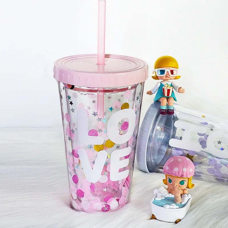 Dot Wave Plate Pipette Tumbler Double Layer Sequin Lovely Pink Plastic Water Bottle with Cover Straw Green Ice Cup In Summer