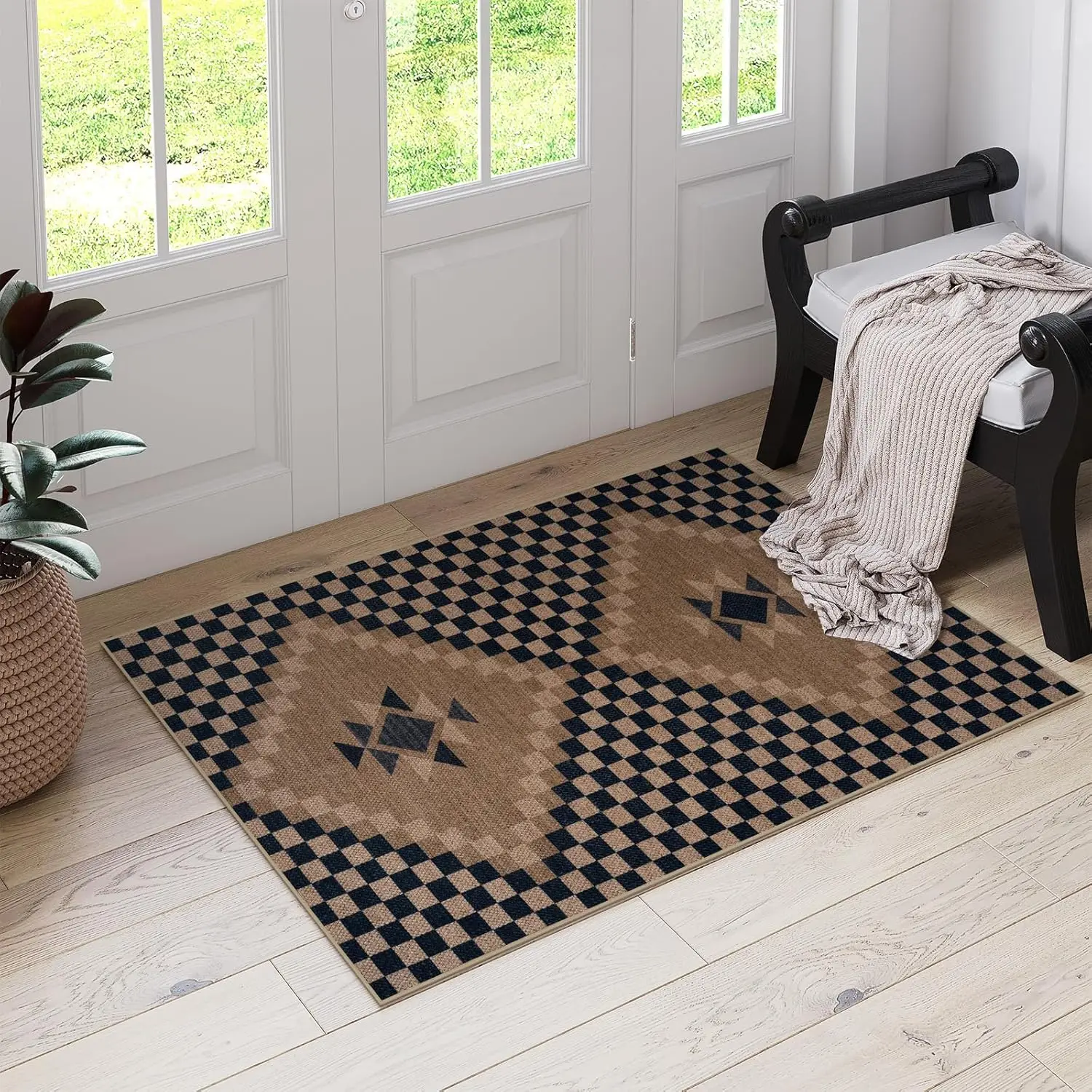 Modern Checkered Kitchen Rugs Non Slip, Ultra Thin Door Rug for Entryway Indoor, Farmhouse Black and Tan Rug for Outdoor Front