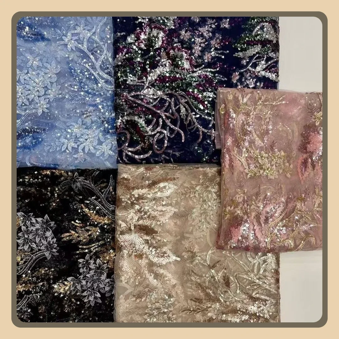 

Fashion Net Silk Lace Fabric Country Style Large Flower Sequin Embroidery Wave Edge For Dress Wedding Gown Clothing DIY