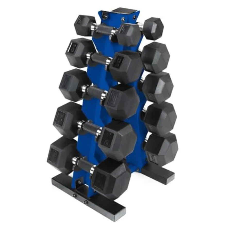 

150lb Comfort Grip Rubber Hex Dumbbell Set with Vertical Blue Rack for Home Gym Fitness Training