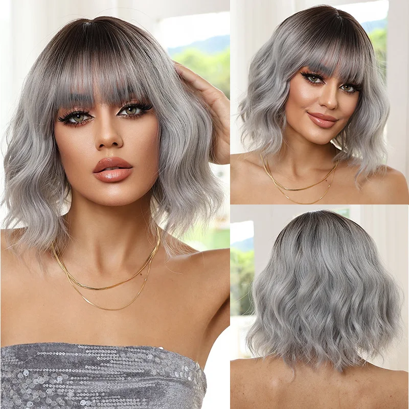Women's wig, black gradient granny hair, fashionable European and American synthetic fiber fluffy gray short curly ha
