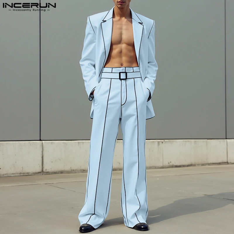 INCERUN Men Sets Patchwork Lapel Long Sleeve Blazer & Pants Two Pieces Sets Streetwear Loose Elegant Fashion Men's Casual Suits