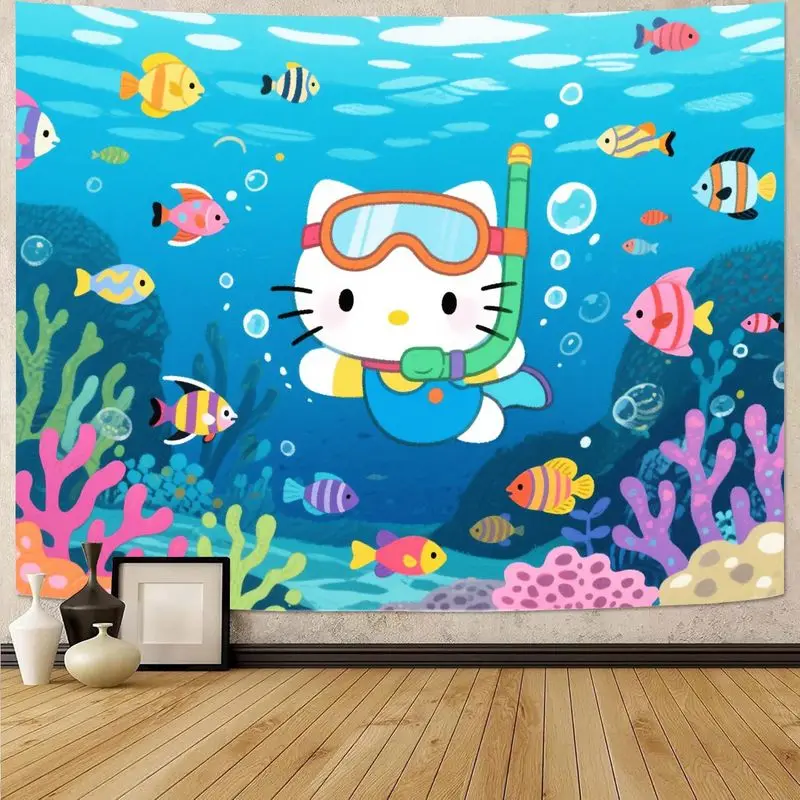 1 szt. Gobelin do snorkelingu z motywem Hello Kitty firmy Sanrio, żywa dekoracja ścienna z motywem oceanu, rybami i rafami koralowymi, uroczy, kawaii dekoracja poliestrowa do pokoju.