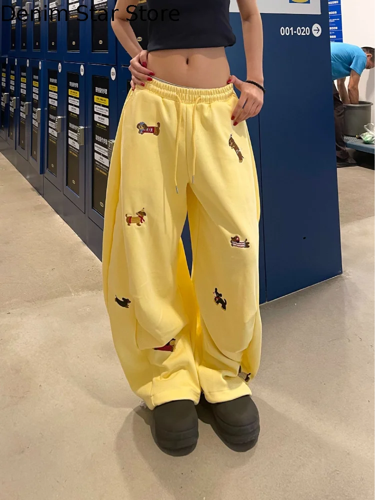 

Street Style Sausage Dog Embroidery Straight Wide Leg Sweatpant Women Drawstring Waist Retro Pleated Slimming Casual Ankle Pants