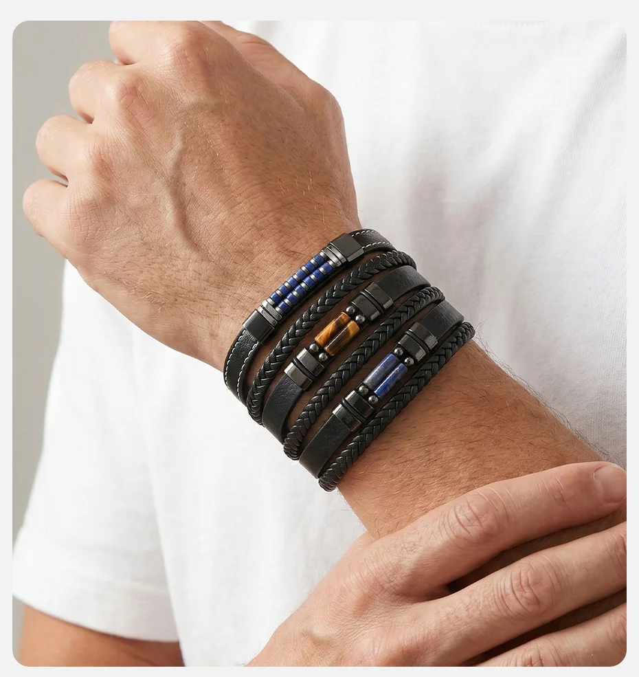 Vnox Herren-Lederarmband, Naturstein, Perlen, geflochten, mehrschichtig, Armband mit Magnetverschluss, Punk-Schmuck, Geschenk für Vater, Sohn, Ihn – Detail 2