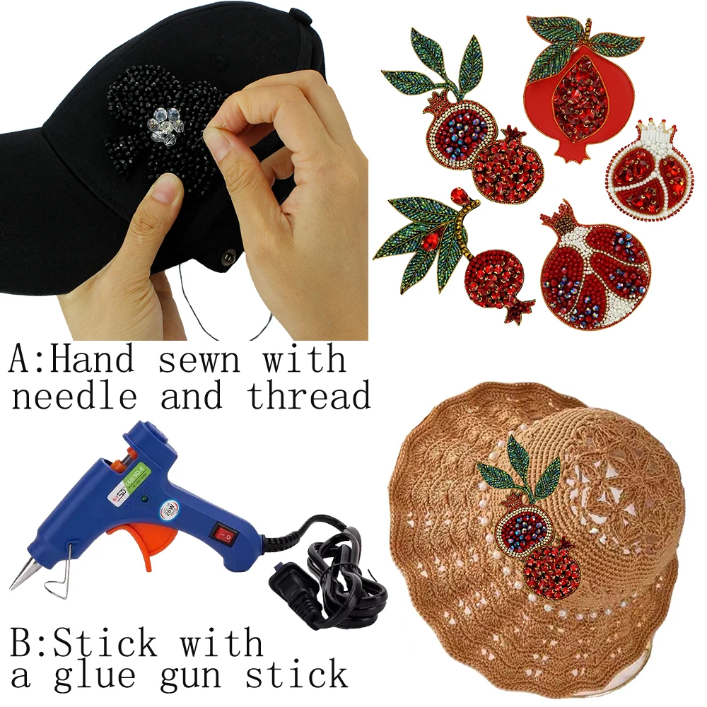 Rhinestones Crystal Beaded Pomegranate Patch Exquisite Lychee Srawberry Fruit Badge Sew on Applique for Clothes DIY Bag Deco