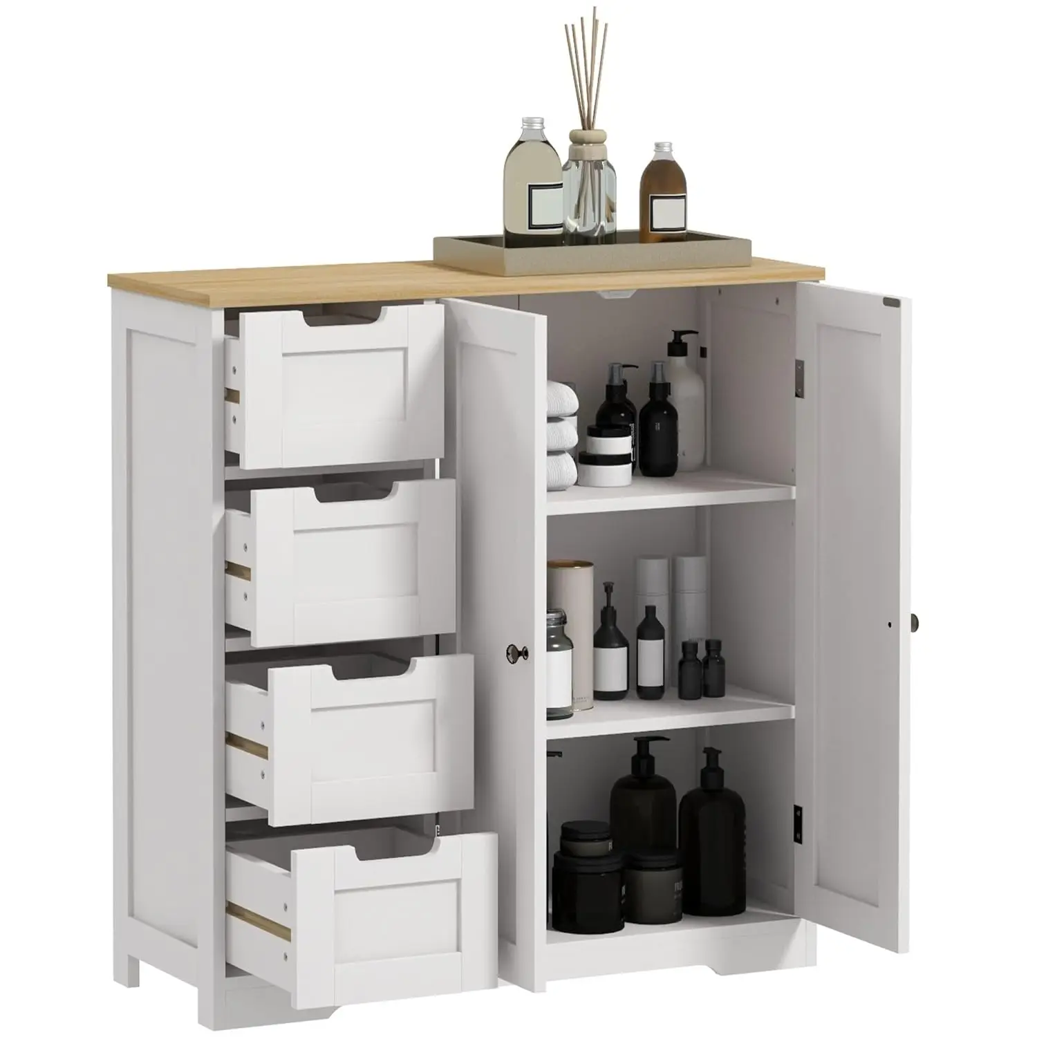 

Freestanding Bathroom Storage Cabinet with Adjustable Shelf, 4 Drawers & 2 Doors, White, Customized