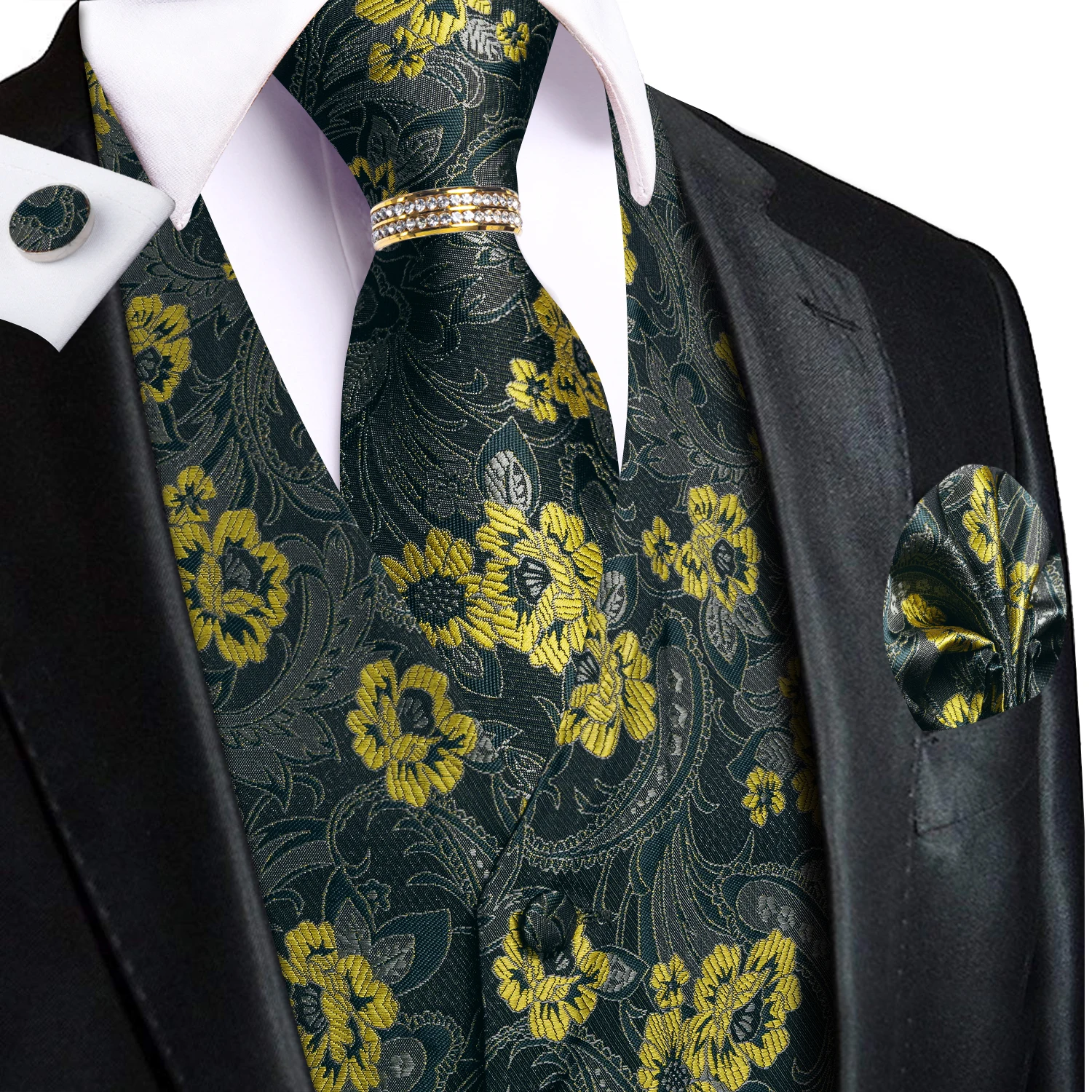 Black Yellow Floral Mens Waistcoat 6Pcs Set, Vest Tie Bowtie Pocket Square Cufflinks Ring, Formal Suit Accessories for Wedding