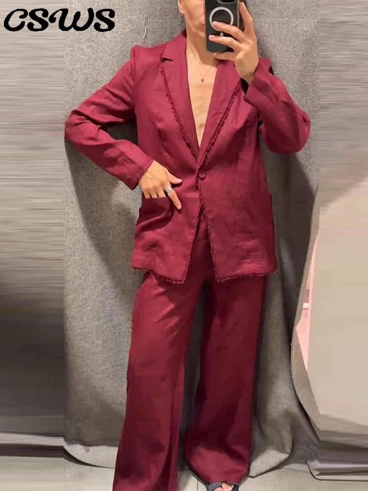 

Элегантный пиджак с бахромой, брючный костюм, женский однотонный пиджак с длинными рукавами и пуговицами, прямые свободные брюки, модный осенний костюм 2025 г.