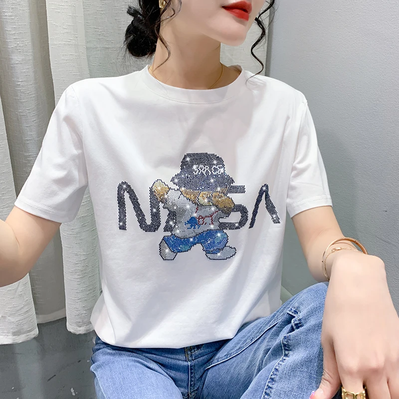 

2023 New Summer European Style Cotton T-Shirt Chic Sexy Shiny Diamonds Cartoon Women Tops Short Sleeve Loose Casual Tees 33100