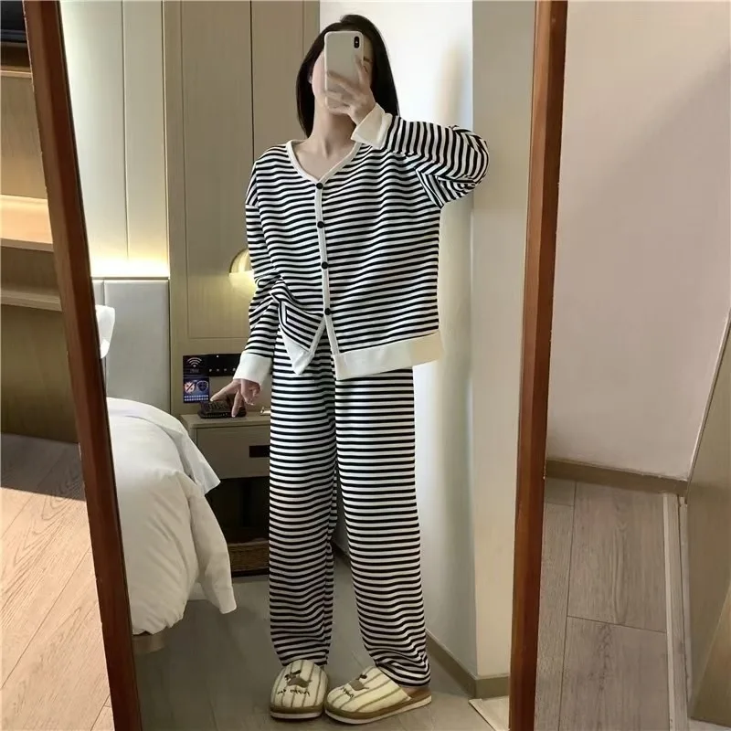 Winter Women Nightwear Striped Long-Sleeved Trousers Loose and Soft Loungewear Large Size 2 Piece Set Button up Student Pajamas