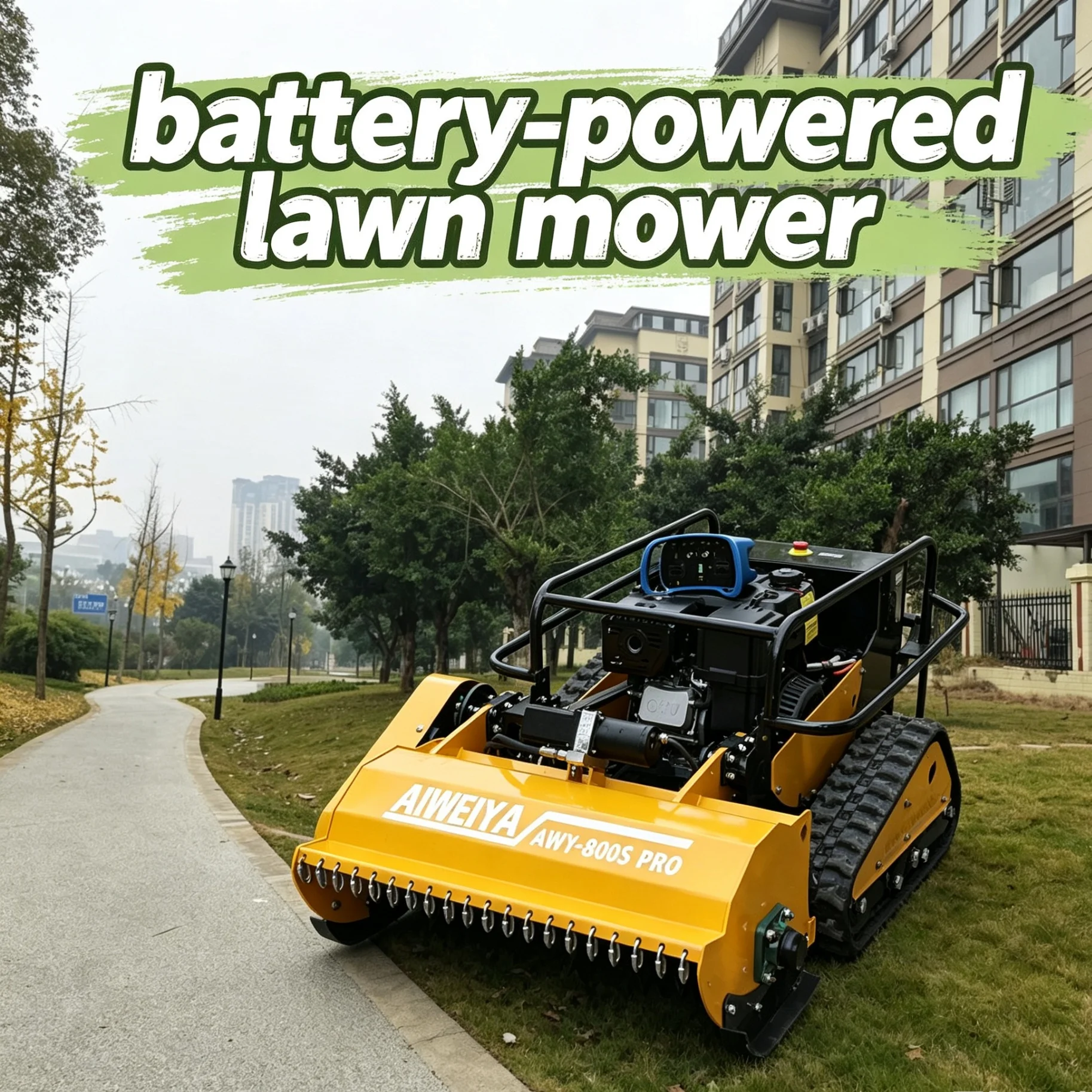 Customized multi-purpose farm mowing device adapts complex terrains via RC lawn mower robot with crawler tracked 4-stroke