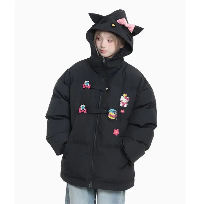 Cute Hello Kittys Girls Bow Padded Jackets Winter Cotton Clothes Women Fashion Hooded Jackets Loose Thicken Female Warm Outwear