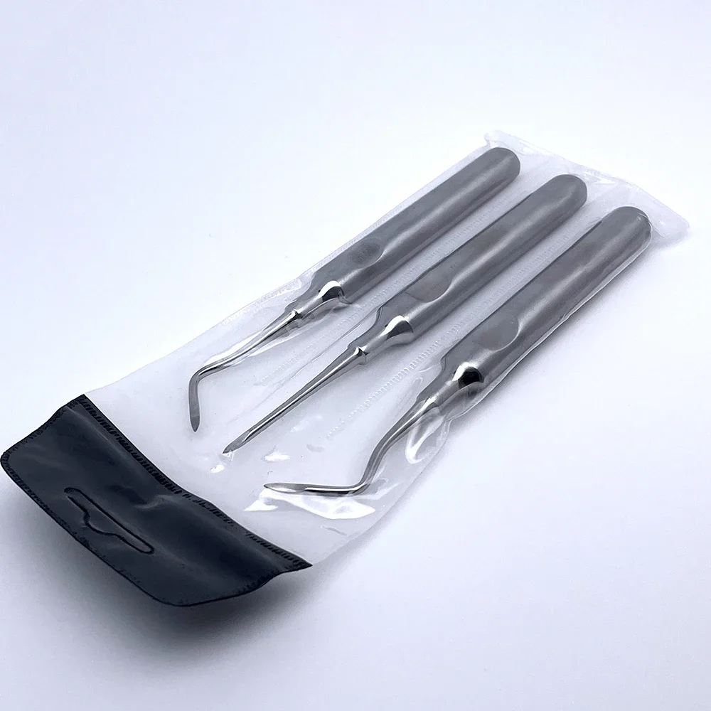 3 قطع من ملقط استخلاص الأسنان مع أدوات من الفولاذ المقاوم للصدأ لمصعد الجذر المنحني لجراحة إزالة الأسنان