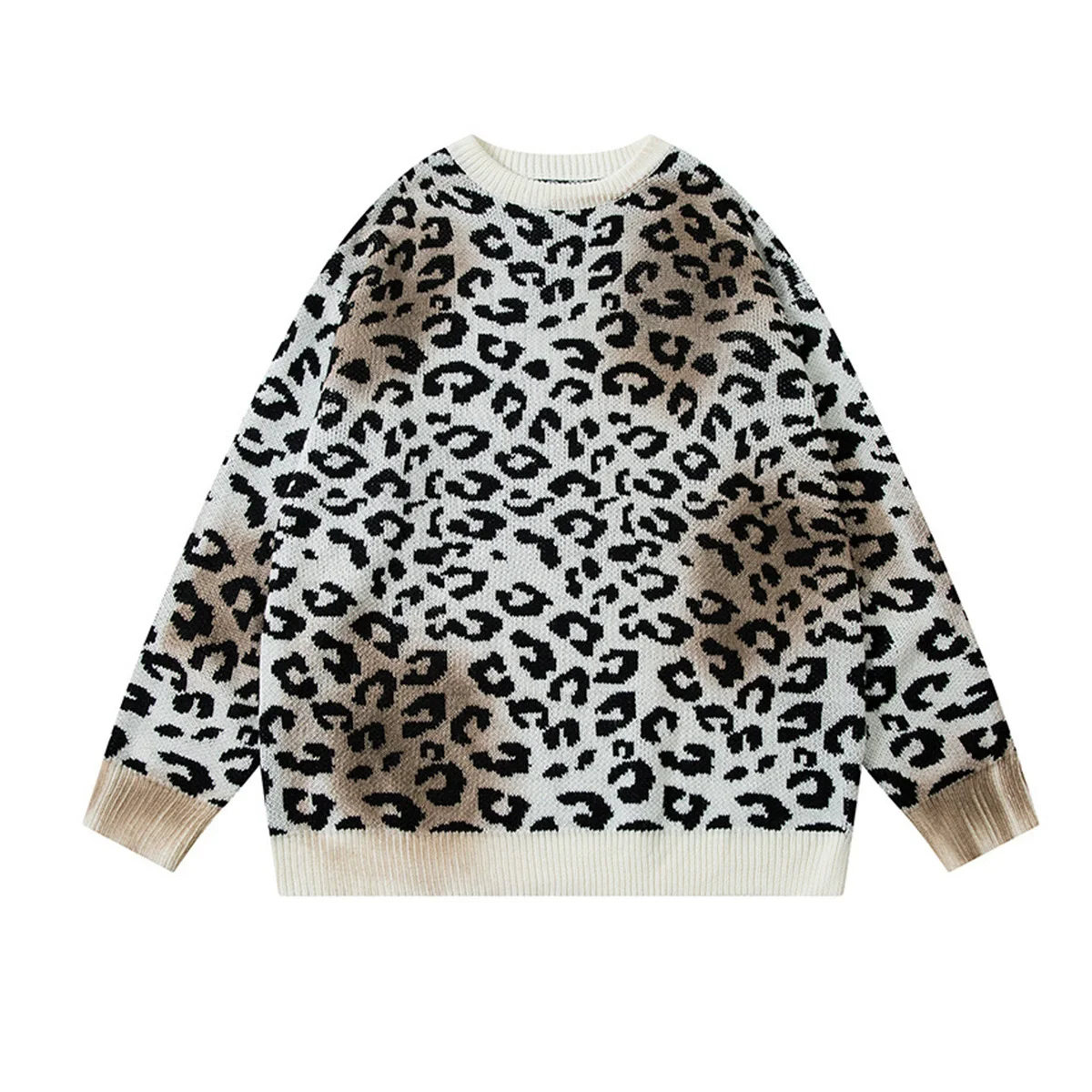 Vintage Leopard Knit Sweater 2025 Autumn Distressed Grunge Streetwear Pullover Couple Casual Knitwear Hipster