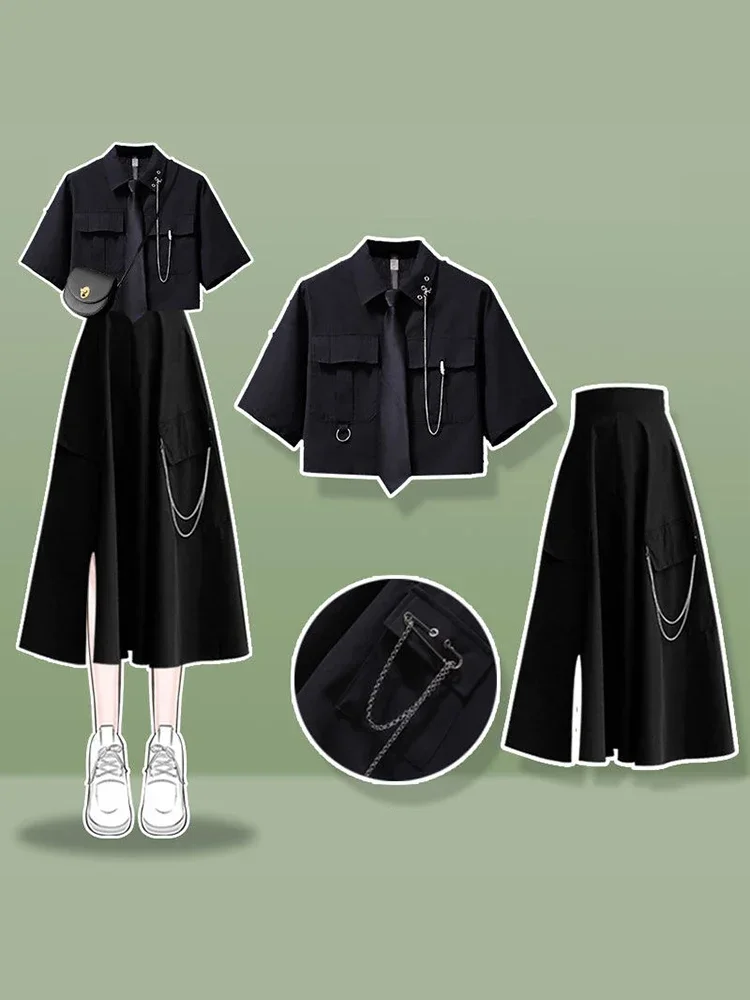 

2025 NewXgoth Sweet Cool Suit Female Preppy Korean Loose High Street Short-sleeve Workwear Shirt + Half Body Skirt Women Blac AA