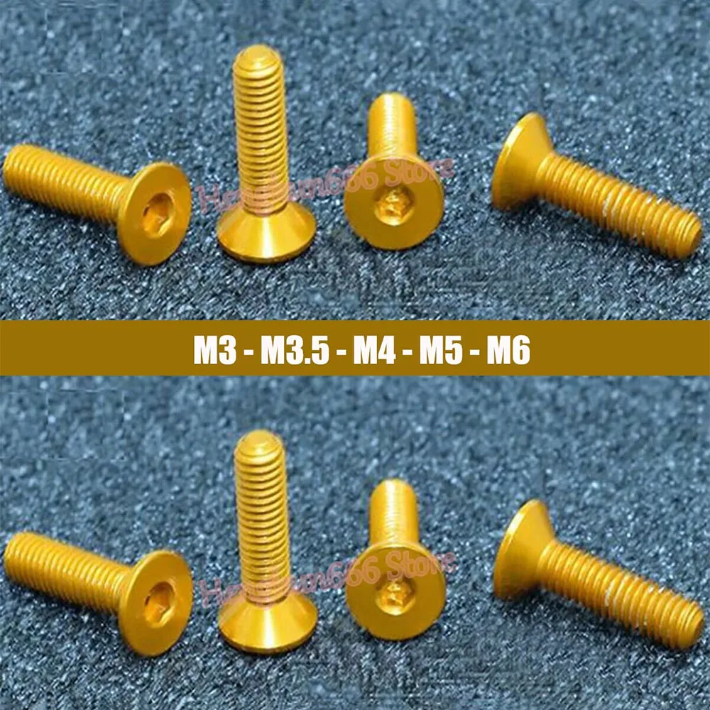 

M3 M3.5 M4 M5 M6 Aluminum Alloy Flat Head Socket Cap Screw Gold Anodized Countersunk Head Allen Bolts Hex Drive DIN 7991