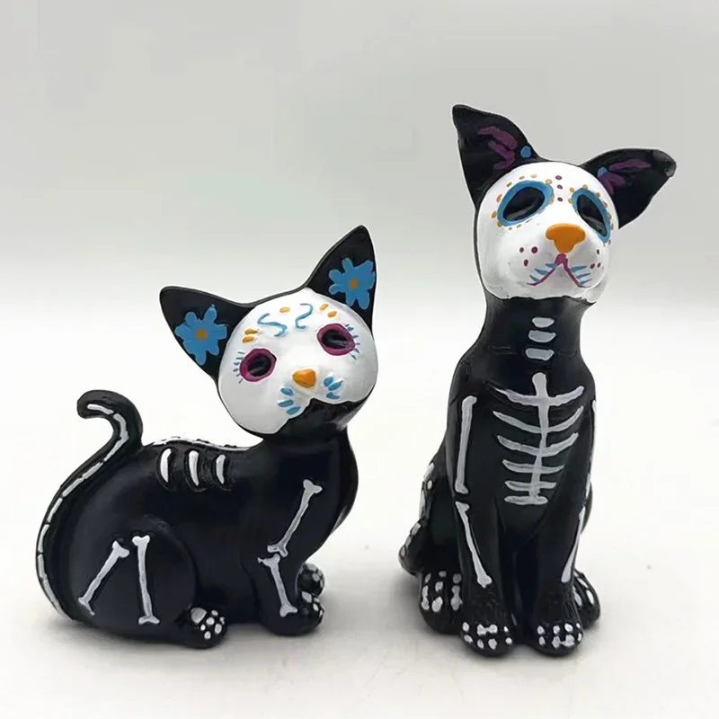 Day of the Dead Dog Cat Figurine Sugar Skull Animal Statue Resin Halloween Home Desk Decor Collectible Gift