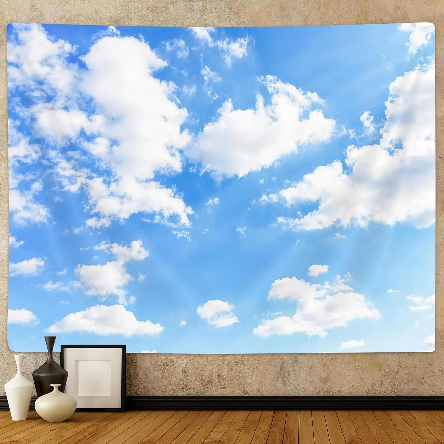 Light Blue Wall Decor Tapestry Blue Sky White Clouds Natural Landscape Tapestries Wall Art Hanging, Summer Sunny Peace Nature