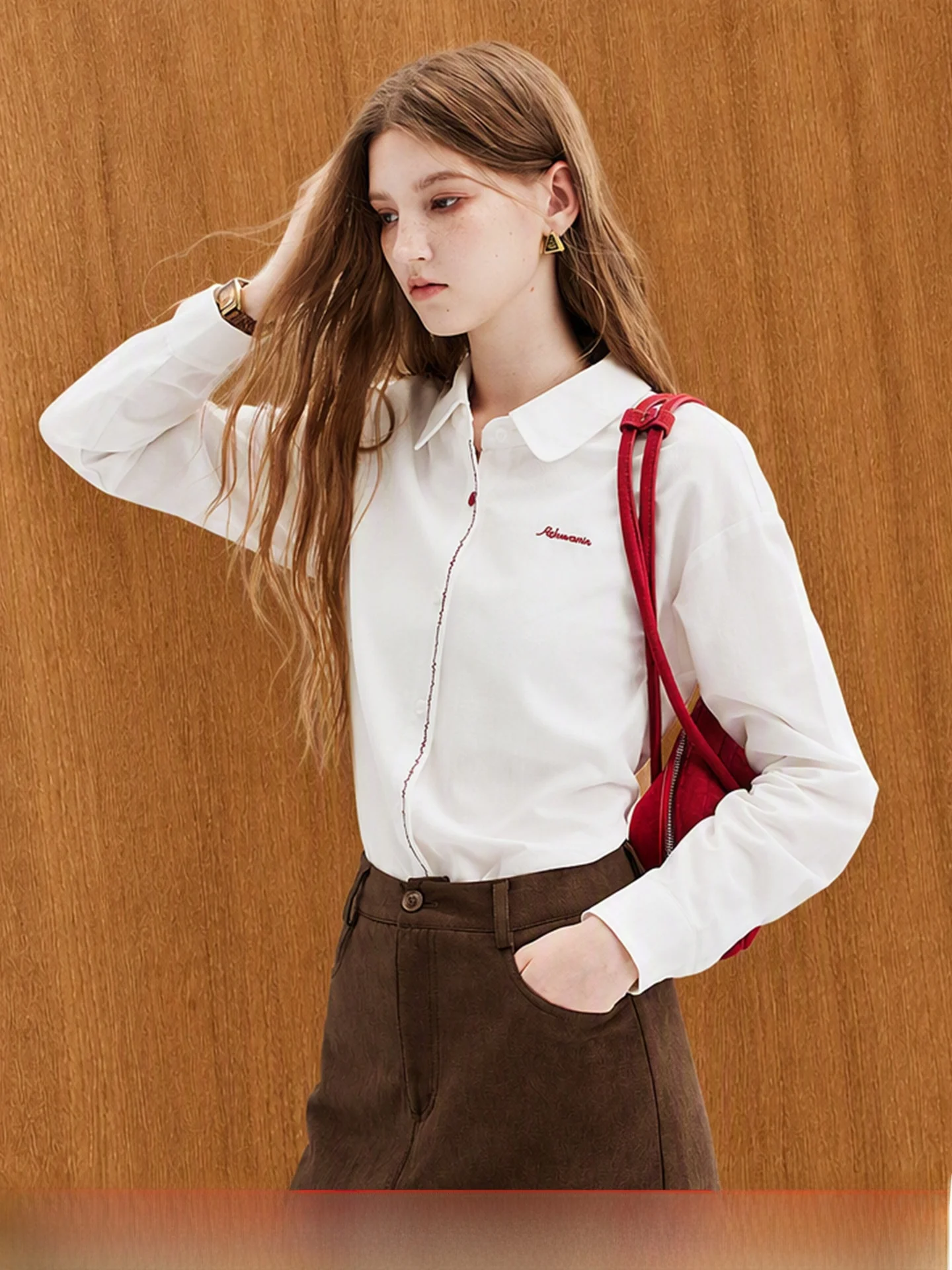 Women's Loose Long Sleeve Embroidered Shirt Korean Style Cotton Lyocell Blend Comfortable Breathable Casual Campus Fashion