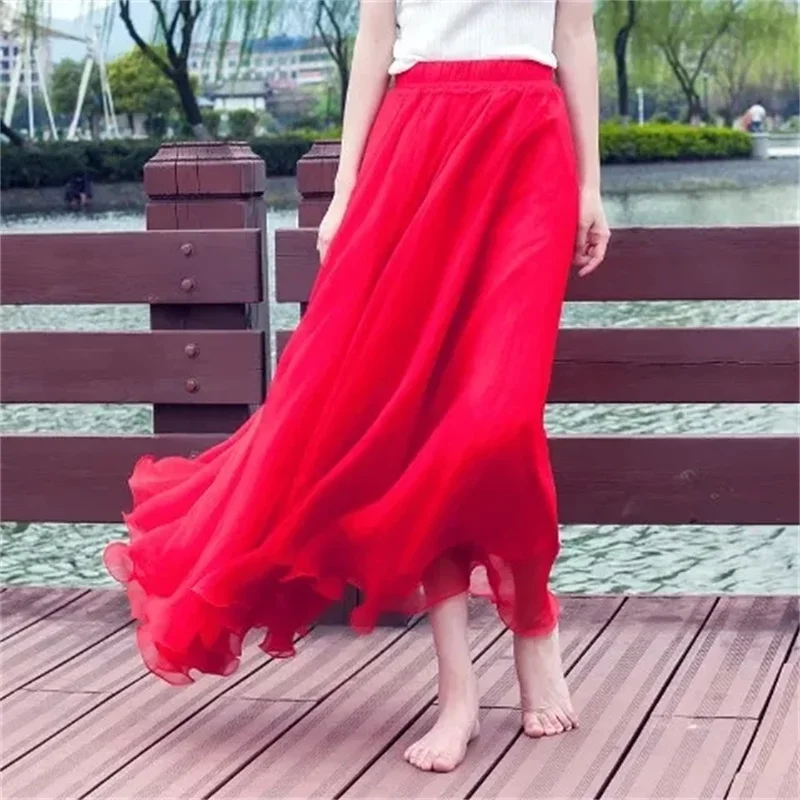 Pop Pop Long Bohemian Beach Skirts Women Spring Summer Elastic Waist A-Line Pleated Skirt Female Elegant Gold Silk Chiffon Maxi