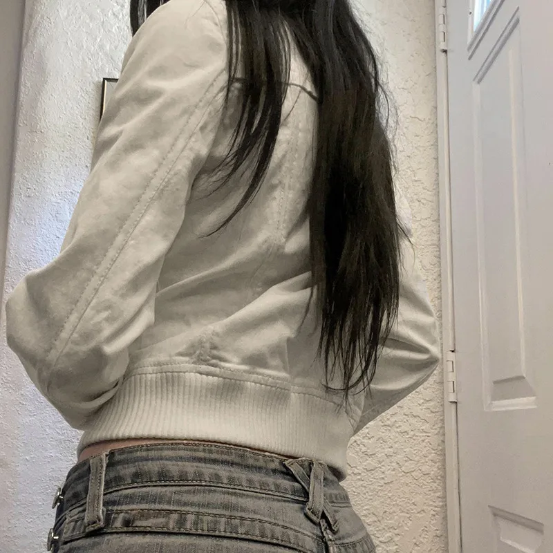 Chaquetas recortadas Vintage para mujer, abrigo informal ajustado con cremallera Harajuku, ropa de calle Y2K, prendas de vestir exteriores de manga larga para otoño
