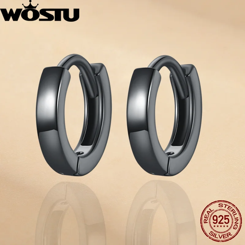 

WOSTU 925 Sterling Silver Black Gold European Simple Hoop Earrings for Women Korean Ear Buckles Men Fashion Jewelry Punk Gift