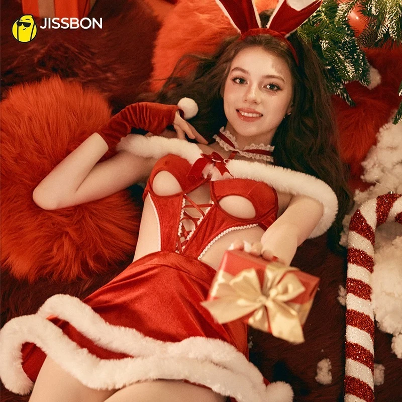 

Jissbon Рождественский красный бархатный комплект с бантом, повязка для волос с кроличьими ушками, перчатки, сексуальное женское белье с вырезами