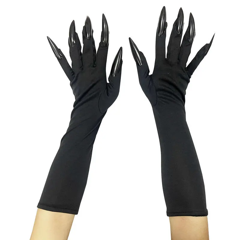 Donne nero Spandex Halloween Cosplay personalità alla moda Stretch Ghost Claw guanti lunghi per unghie accessori per le prestazioni del palcoscenico