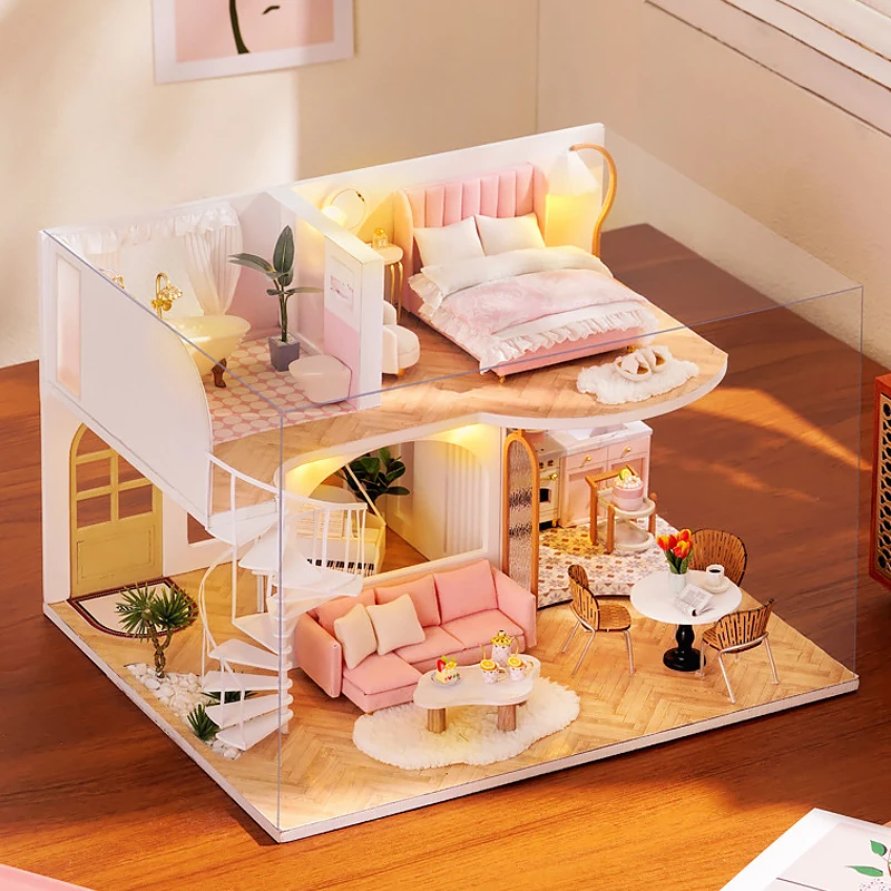 Doll House Mini DIY Small Kit Production Assembly Model Room Princess Toys Home Bedroom Decoration with Furniture Wooden Crafts