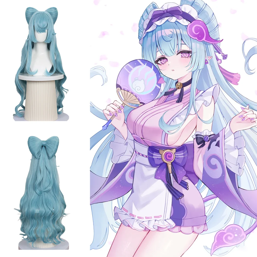 

Yumemizuki Mizuki Cosplay Wig Pre-Styled Bow Long Wavy Ice Blue Heat Resistant Synthetic Anime Hair For Halloween Comic Con